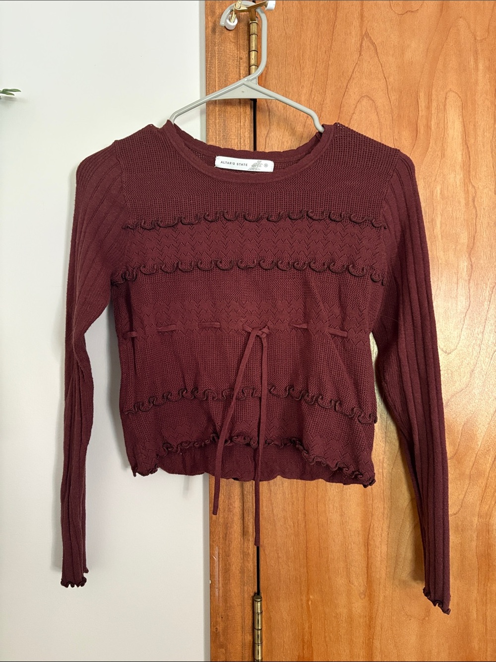 Altar'd State Burgundy Long-Sleeve Knit Tie-Waist Sweater